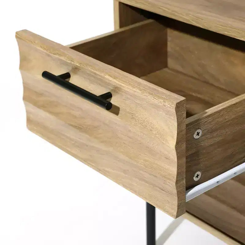 Comodino da 53 cm moderno di metà secolo con 2 cassetti a onda e gambe in metallo, marrone