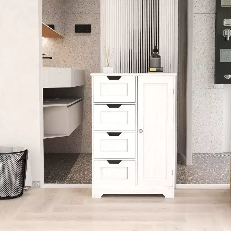 AndMakers 22.5 in. W. x 11.81 in. D x 32.68 in. H White Wood Linen Cabinet with 4 Drawers and 1 Door