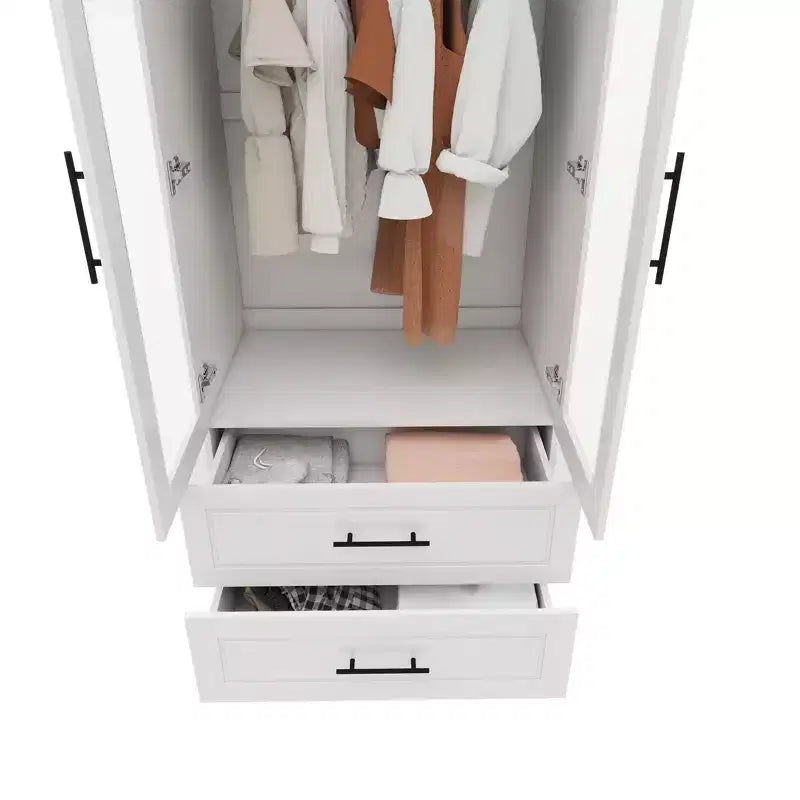 Armadio bianco in legno da 80 cm con 2 cassetti, 1 ripiano e 2 aste appendiabiti