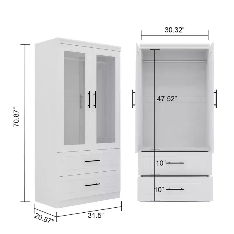 Armadio bianco in legno da 80 cm con 2 cassetti, 1 ripiano e 2 aste appendiabiti