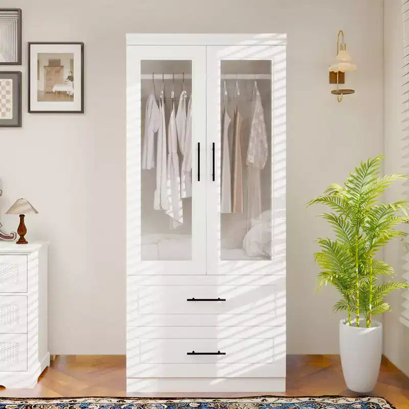Armadio bianco in legno da 80 cm con 2 cassetti, 1 ripiano e 2 aste appendiabiti