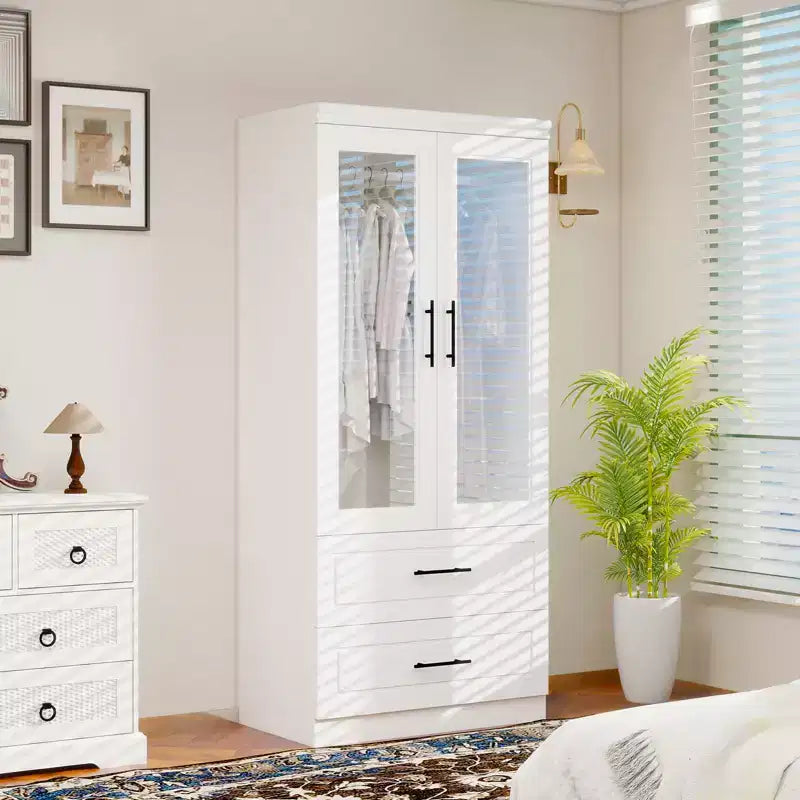 Armadio bianco in legno da 80 cm con 2 cassetti, 1 ripiano e 2 aste appendiabiti