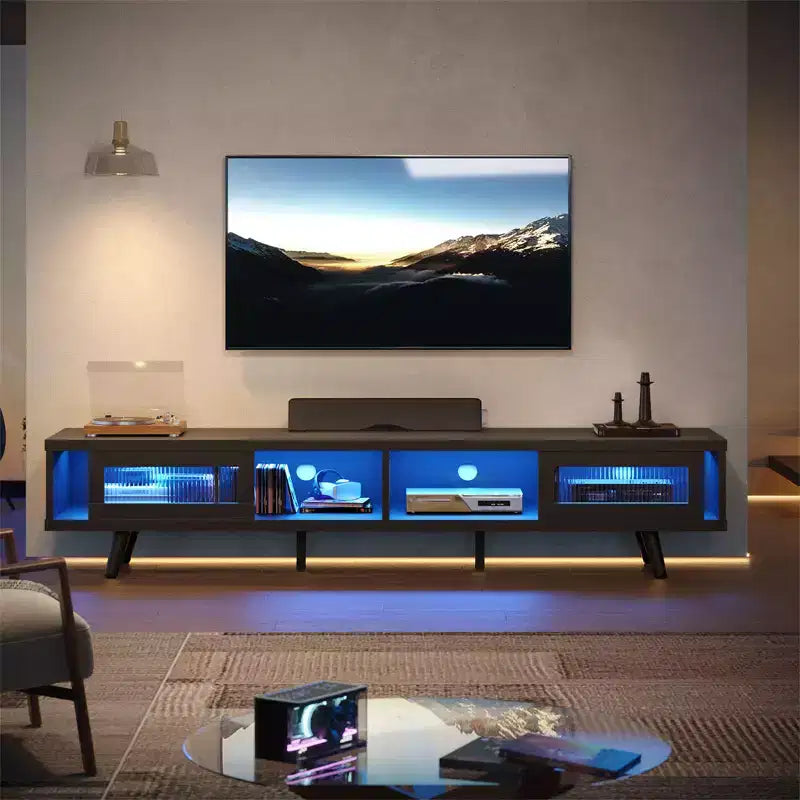 Mobile TV moderno a basso profilo da 70" con illuminazione LED e vani portaoggetti per soggiorno