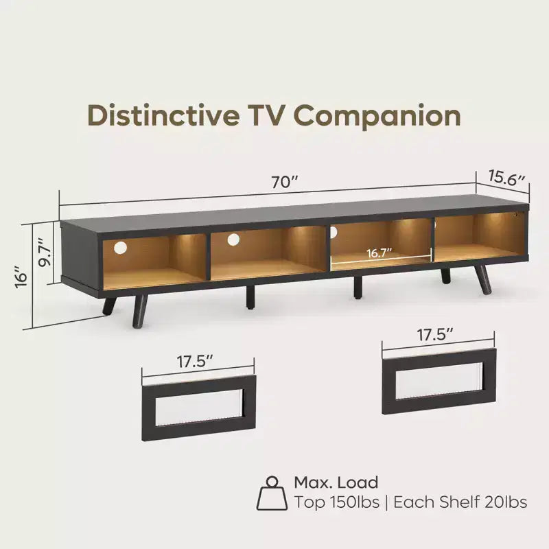 Mobile TV moderno a basso profilo da 70" con illuminazione LED e vani portaoggetti per soggiorno