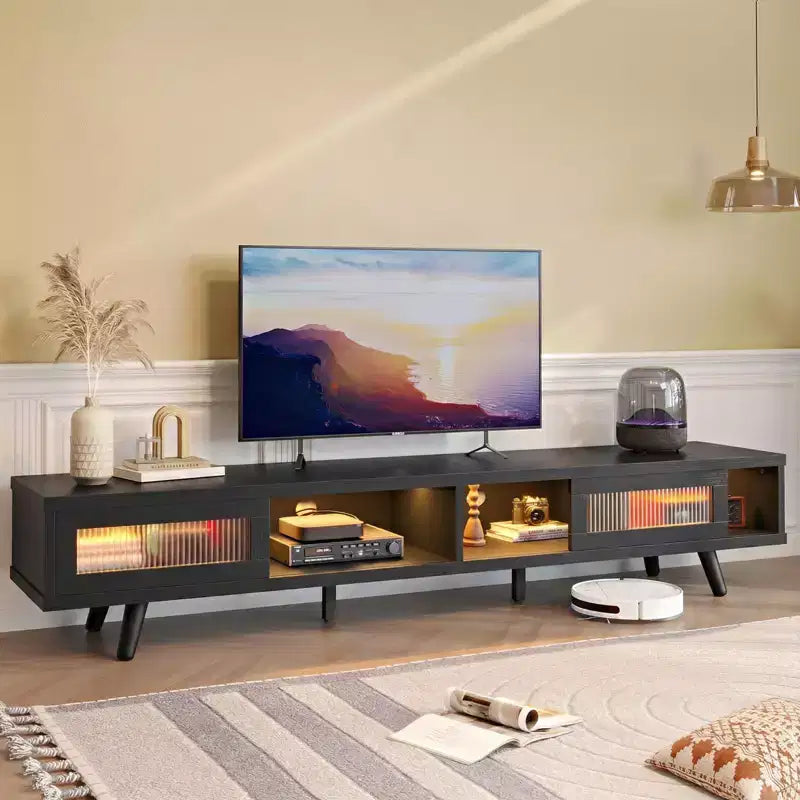 Mobile TV moderno a basso profilo da 70" con illuminazione LED e vani portaoggetti per soggiorno