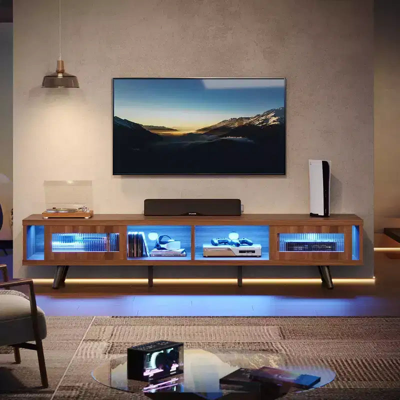 Mobile TV moderno a basso profilo da 70" con illuminazione LED e vani portaoggetti per soggiorno