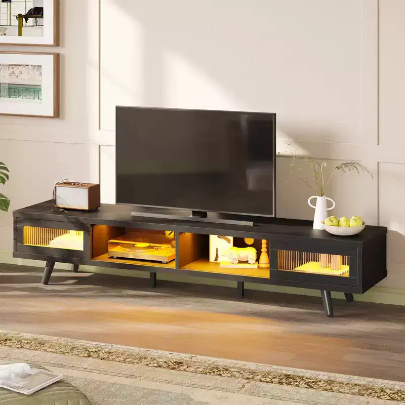 Mobile TV moderno a basso profilo da 70" con illuminazione LED e vani portaoggetti per soggiorno