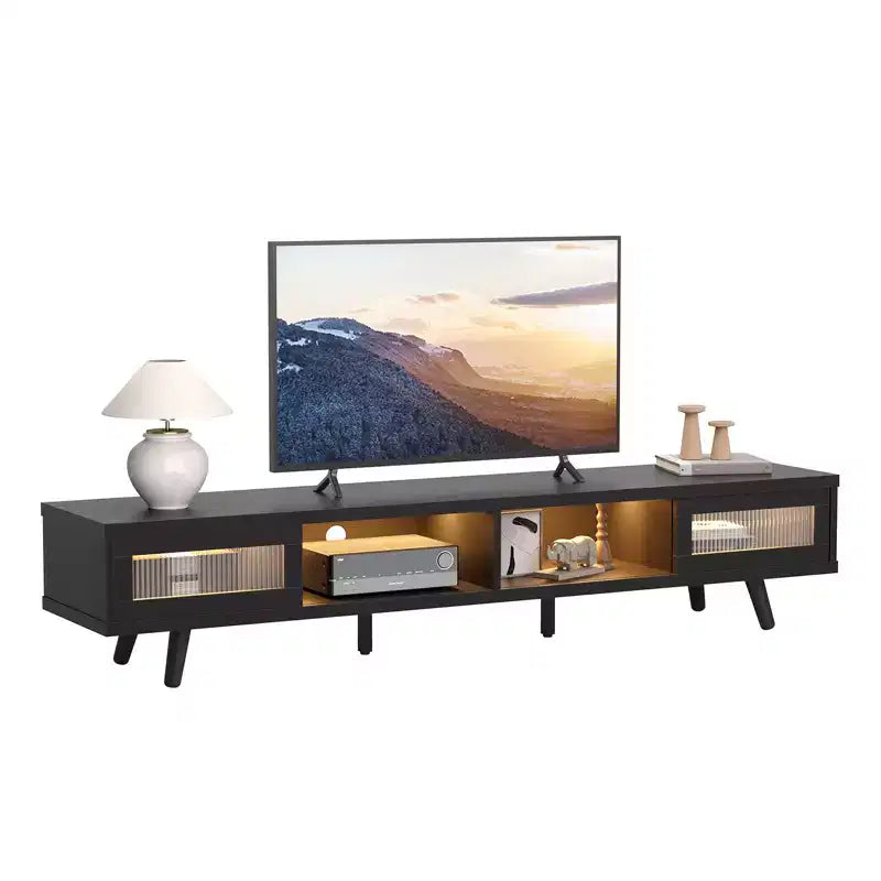 Mobile TV moderno a basso profilo da 70" con illuminazione LED e vani portaoggetti per soggiorno