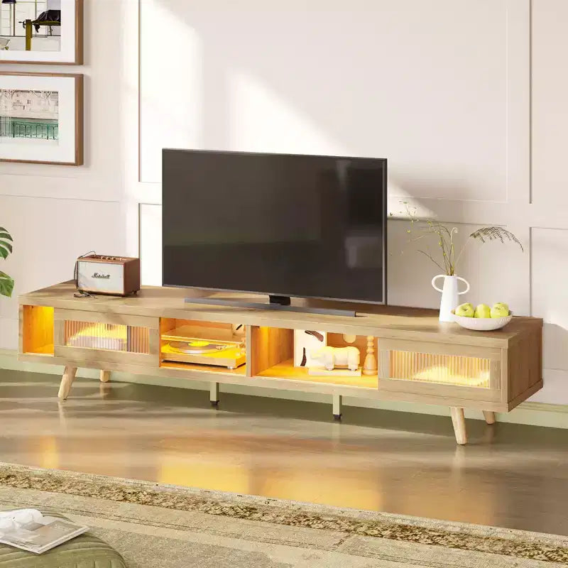 Mobile TV moderno a basso profilo da 70" con illuminazione LED e vani portaoggetti per soggiorno