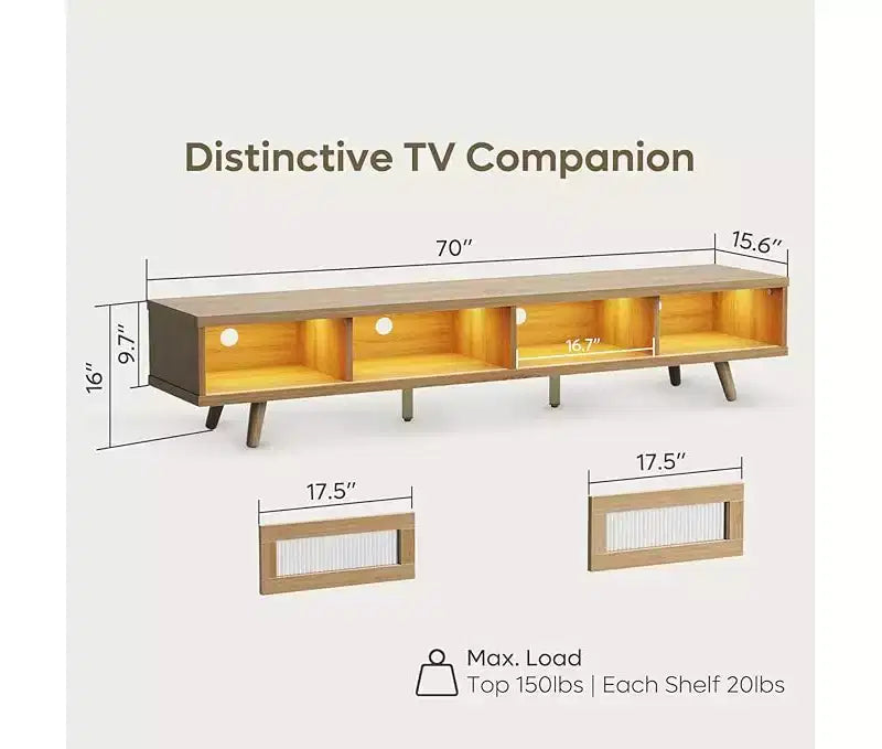Mobile TV moderno a basso profilo da 70" con illuminazione LED e vani portaoggetti per soggiorno