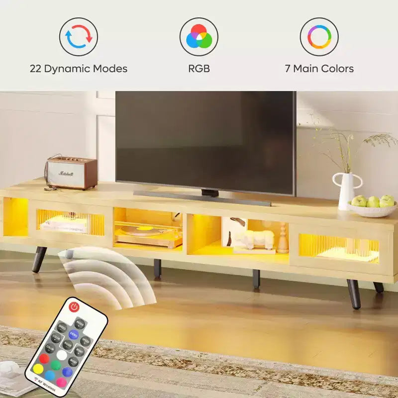 Mobile TV moderno a basso profilo da 70" con illuminazione LED e vani portaoggetti per soggiorno