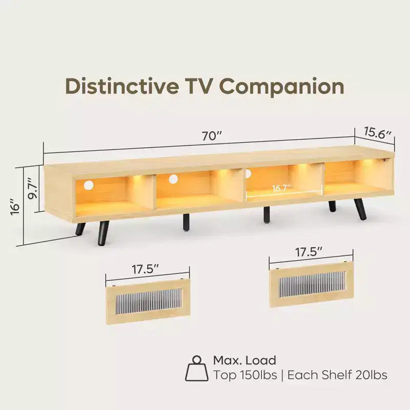 Mobile TV moderno a basso profilo da 70" con illuminazione LED e vani portaoggetti per soggiorno