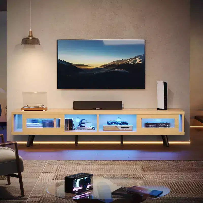 Mobile TV moderno a basso profilo da 70" con illuminazione LED e vani portaoggetti per soggiorno