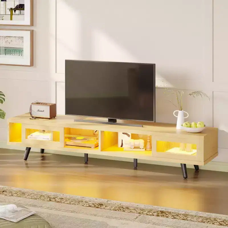 Mobile TV moderno a basso profilo da 70" con illuminazione LED e vani portaoggetti per soggiorno