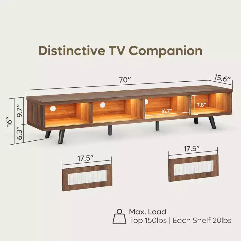 Mobile TV moderno a basso profilo da 70" con illuminazione LED e vani portaoggetti per soggiorno