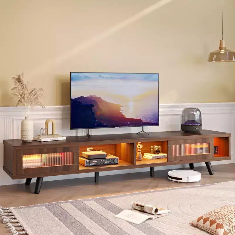 Mobile TV moderno a basso profilo da 70" con illuminazione LED e vani portaoggetti per soggiorno