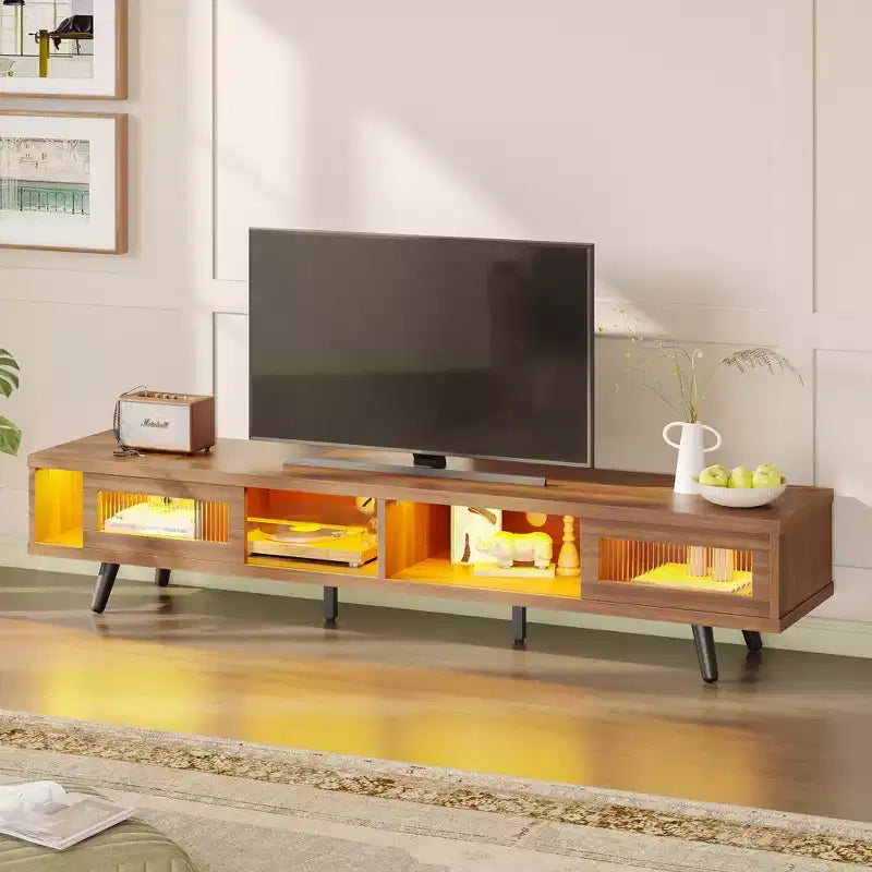 Mobile TV moderno a basso profilo da 70" con illuminazione LED e vani portaoggetti per soggiorno