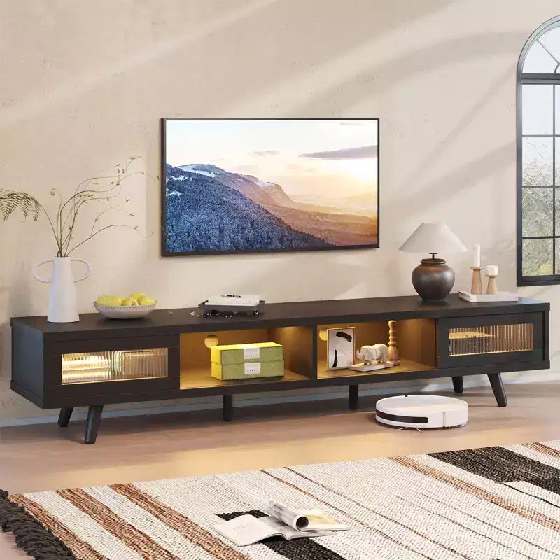 Mobile TV moderno a basso profilo da 70" con illuminazione LED e vani portaoggetti per soggiorno