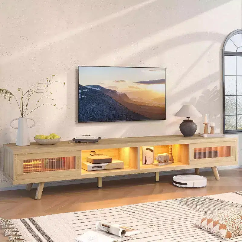 Mobile TV moderno a basso profilo da 70" con illuminazione LED e vani portaoggetti per soggiorno