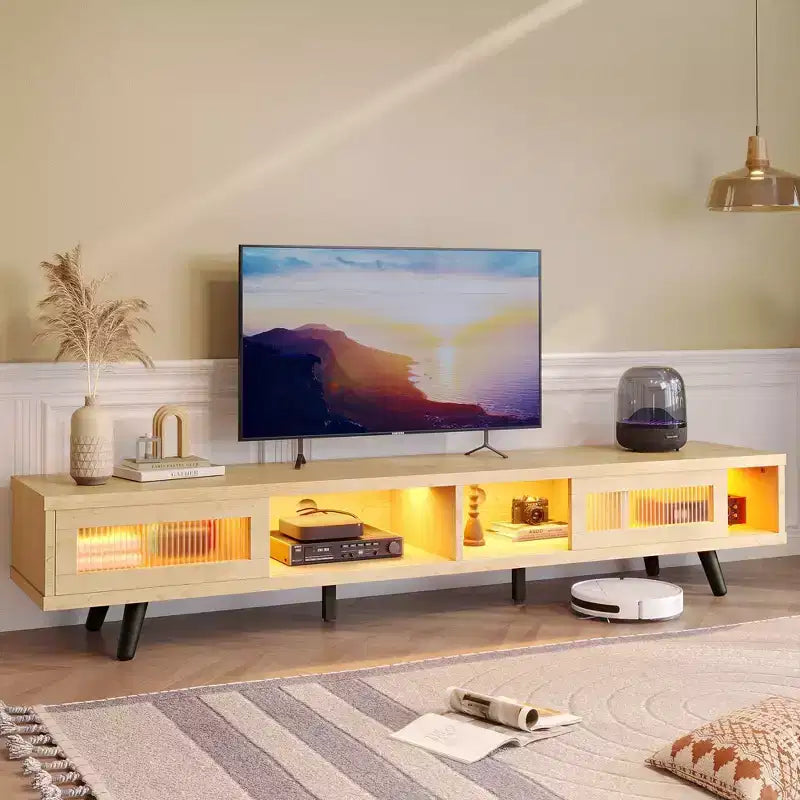 Mobile TV moderno a basso profilo da 70" con illuminazione LED e vani portaoggetti per soggiorno