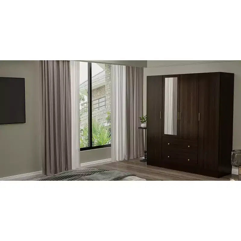 Armadio Minimalista con 2 Cassetti, Zona Appendiabiti Centrale e Specchio