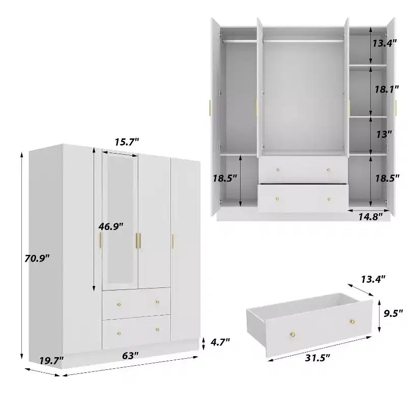 Armadio Minimalista con 2 Cassetti, Zona Appendiabiti Centrale e Specchio