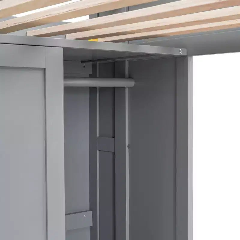 Letto a soppalco matrimoniale in legno con mensole portaoggetti e armadio, 77"x48.5"