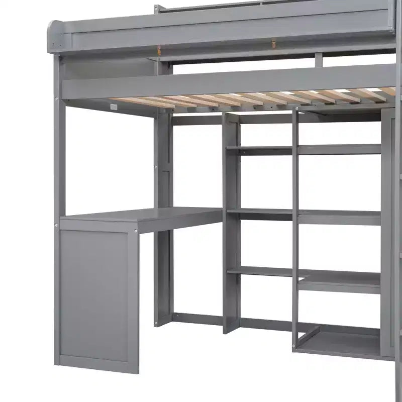 Letto a soppalco matrimoniale in legno con mensole portaoggetti e armadio, 77"x48.5"