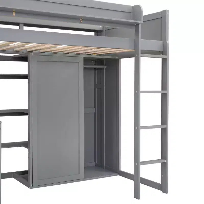 Letto a soppalco matrimoniale in legno con mensole portaoggetti e armadio, 77"x48.5"