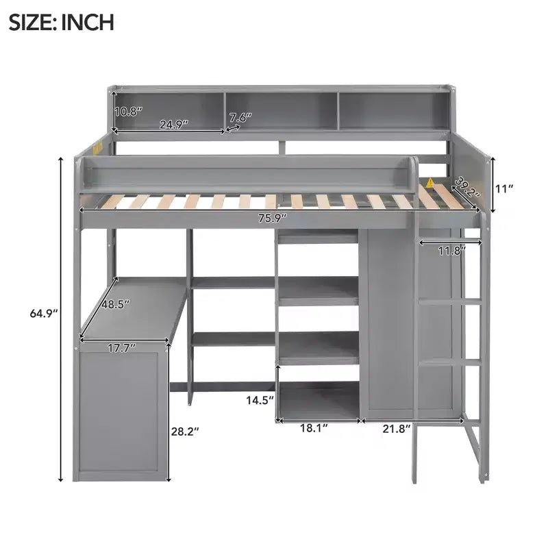 Letto a soppalco matrimoniale in legno con mensole portaoggetti e armadio, 77"x48.5"