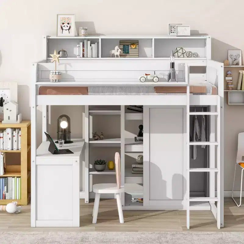 Letto a soppalco matrimoniale in legno con mensole portaoggetti e armadio, 77"x48.5"
