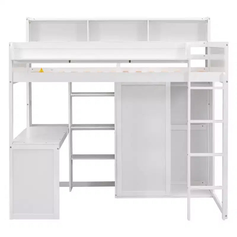 Letto a soppalco matrimoniale in legno con mensole portaoggetti e armadio, 77"x48.5"