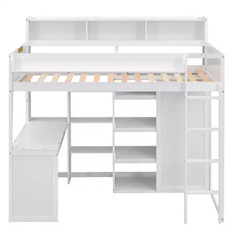 Letto a soppalco matrimoniale in legno con mensole portaoggetti e armadio, 77"x48.5"