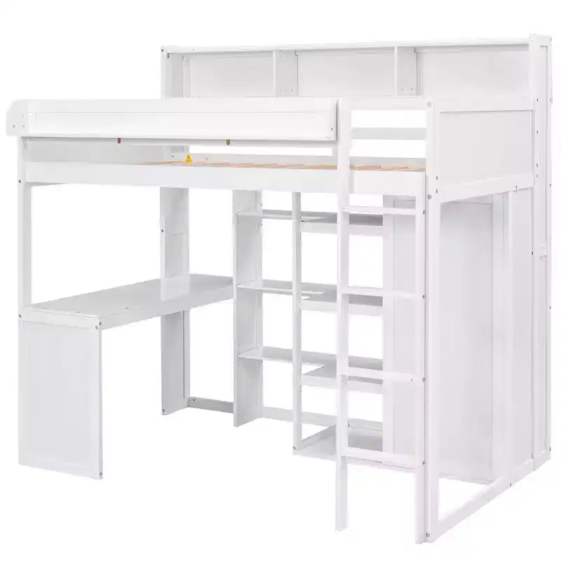 Letto a soppalco matrimoniale in legno con mensole portaoggetti e armadio, 77"x48.5"