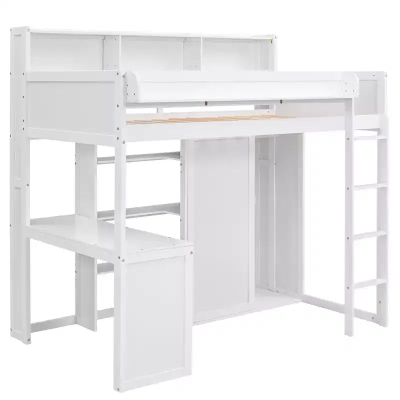 Letto a soppalco matrimoniale in legno con mensole portaoggetti e armadio, 77"x48.5"