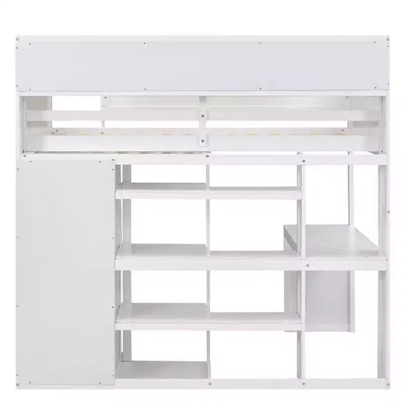 Letto a soppalco matrimoniale in legno con mensole portaoggetti e armadio, 77"x48.5"