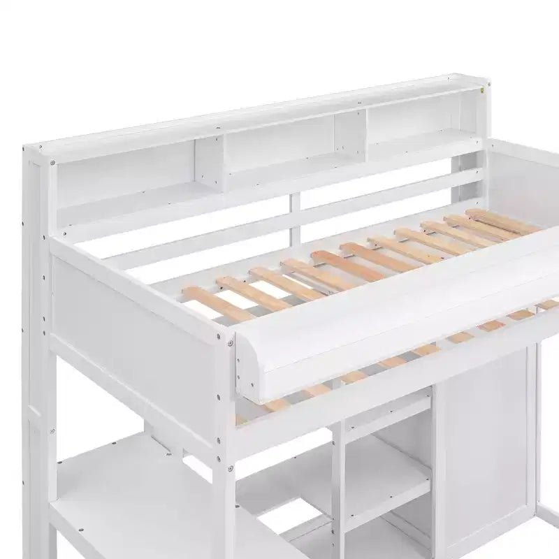 Letto a soppalco matrimoniale in legno con mensole portaoggetti e armadio, 77"x48.5"