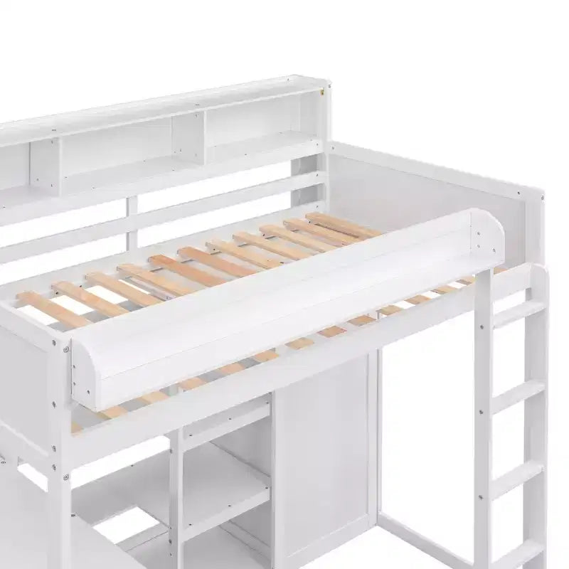 Letto a soppalco matrimoniale in legno con mensole portaoggetti e armadio, 77"x48.5"