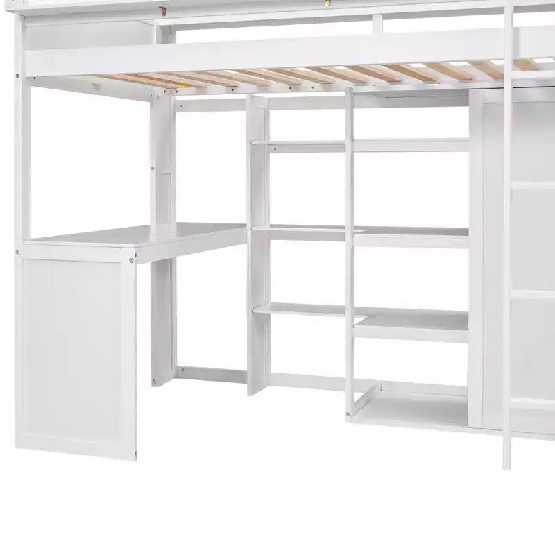 Letto a soppalco matrimoniale in legno con mensole portaoggetti e armadio, 77"x48.5"