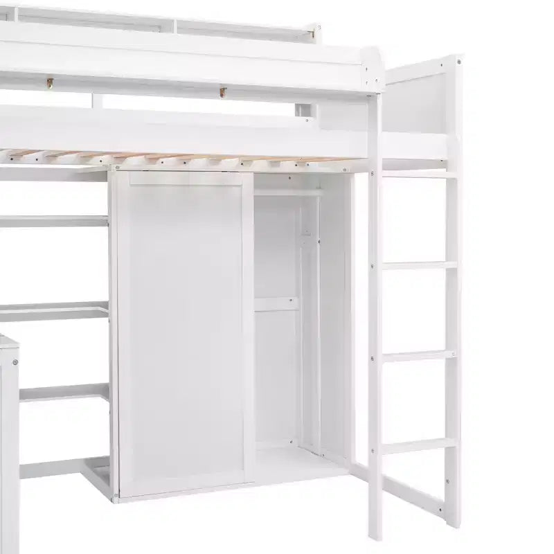Letto a soppalco matrimoniale in legno con mensole portaoggetti e armadio, 77"x48.5"