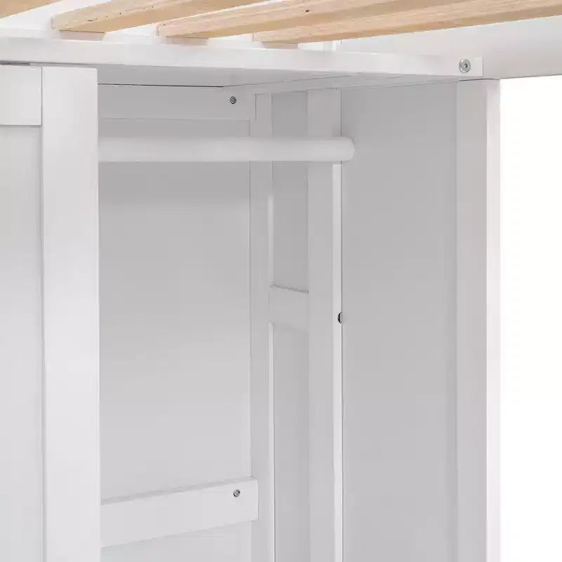 Letto a soppalco matrimoniale in legno con mensole portaoggetti e armadio, 77"x48.5"