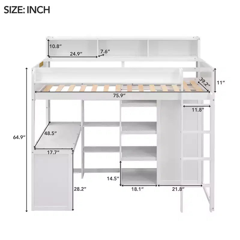 Letto a soppalco matrimoniale in legno con mensole portaoggetti e armadio, 77"x48.5"