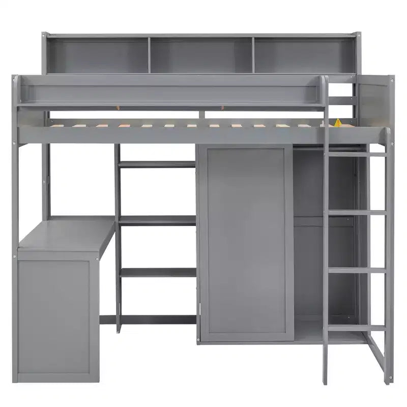 Letto a soppalco matrimoniale in legno con mensole portaoggetti e armadio, 77"x48.5"