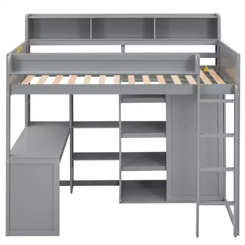 Letto a soppalco matrimoniale in legno con mensole portaoggetti e armadio, 77"x48.5"