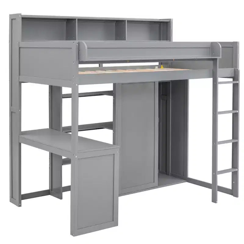 Letto a soppalco matrimoniale in legno con mensole portaoggetti e armadio, 77"x48.5"