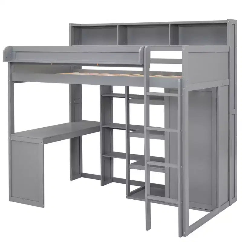 Letto a soppalco matrimoniale in legno con mensole portaoggetti e armadio, 77"x48.5"
