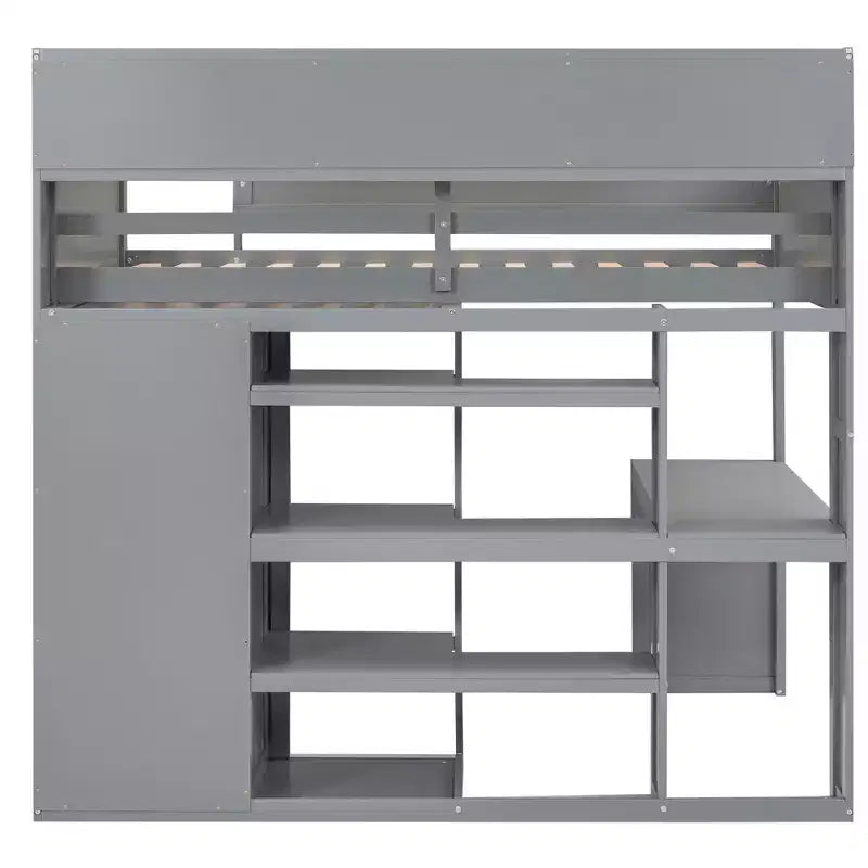 Letto a soppalco matrimoniale in legno con mensole portaoggetti e armadio, 77"x48.5"
