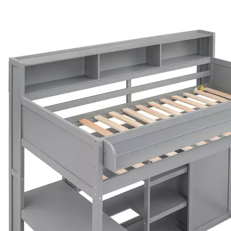 Letto a soppalco matrimoniale in legno con mensole portaoggetti e armadio, 77"x48.5"