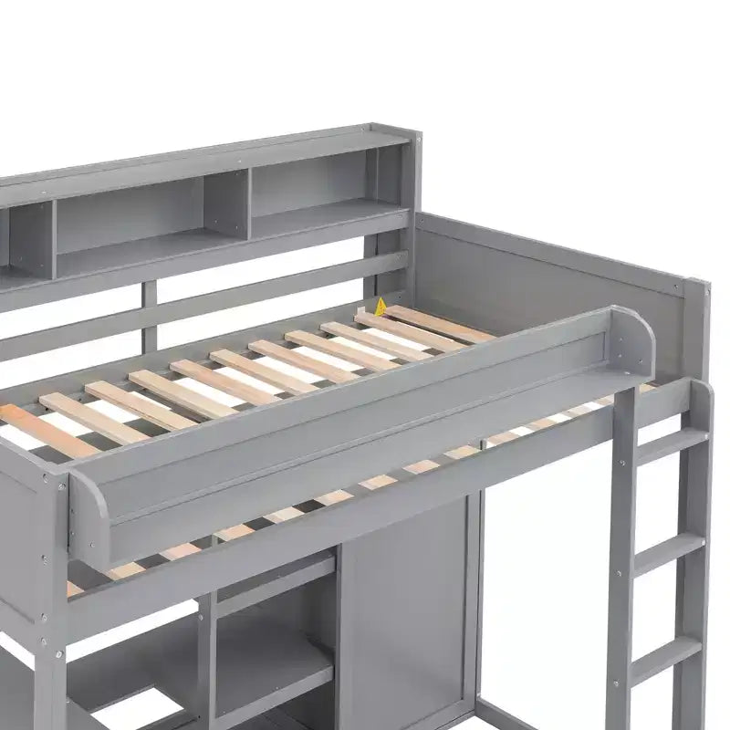 Letto a soppalco matrimoniale in legno con mensole portaoggetti e armadio, 77"x48.5"