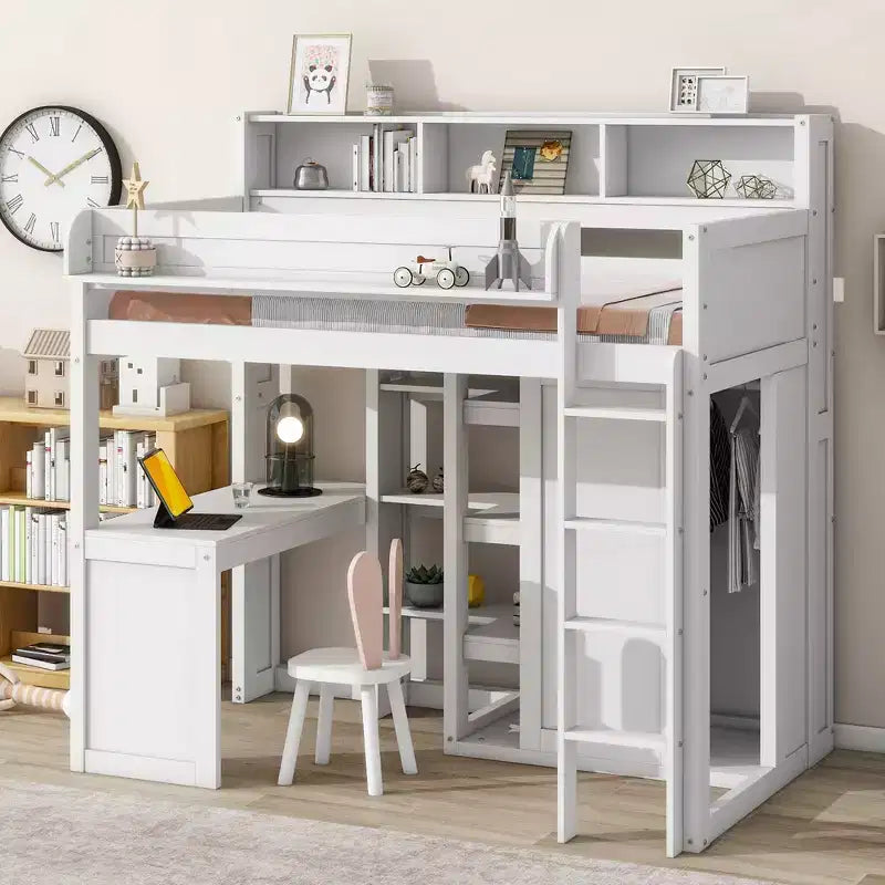 Letto a soppalco matrimoniale in legno con mensole portaoggetti e armadio, 77"x48.5"